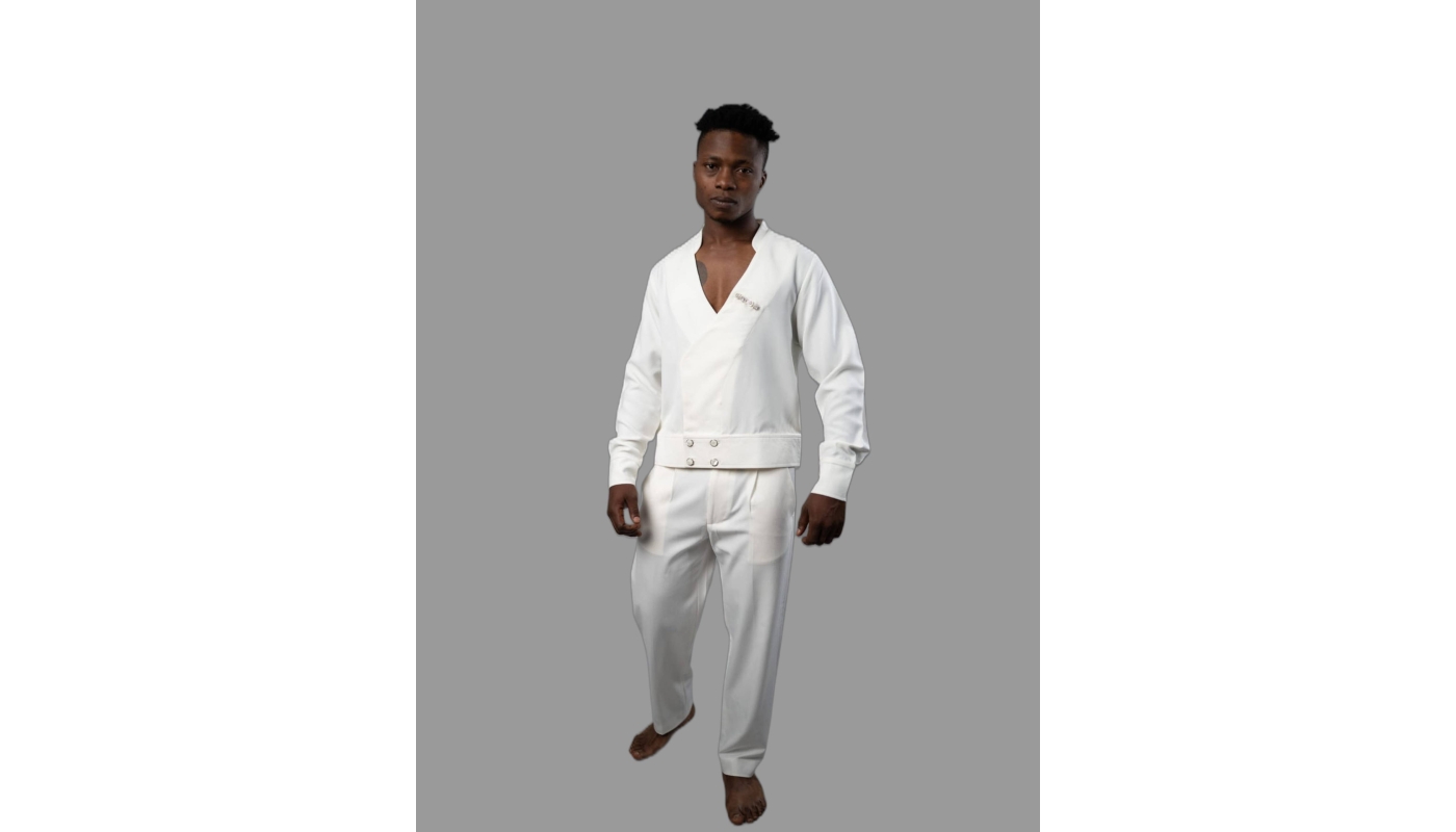 White Wrap Top & Wide-Leg Trousers Set – Minimalist Luxury with Cultural Detailing