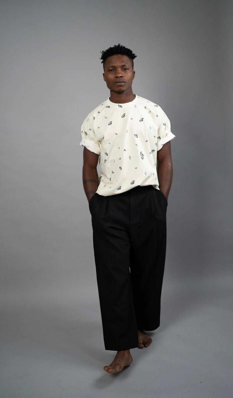 The Effortless Duo: Off-White Print Muscle Tee + Jet Black Wide-Leg Trousers - Image 3