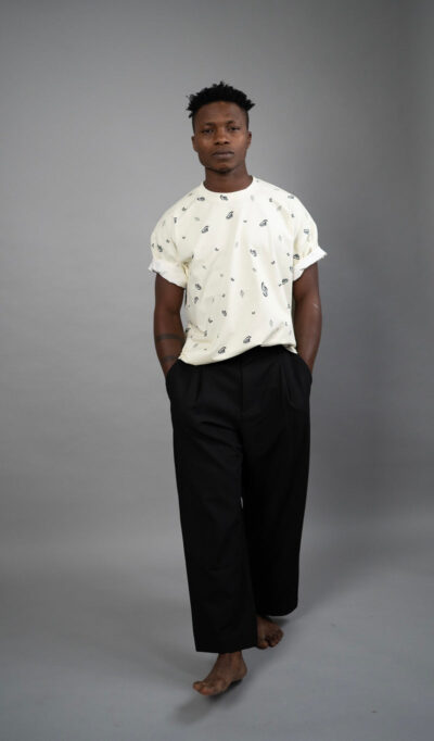 The Effortless Duo: Off-White Print Muscle Tee + Jet Black Wide-Leg Trousers